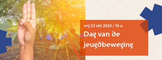 Hand met drie vingers omhoog, achtergrond speeltuin, tekst over Dag van de jeugdbeweging op 23 oktober 2026. (vergroot foto)