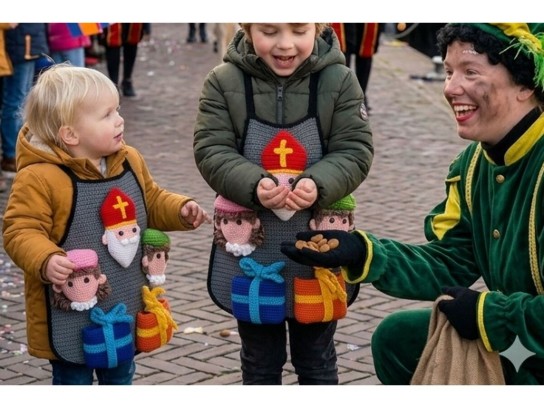 Twee kinderen met Sinterklaas-schorten krijgen pepernoten van een persoon in een groene Pietenkostuum. (vergroot foto)